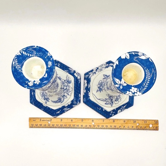 Vintage Spode Penny Lane Honeywall Blue & White Porcelain Candlesticks - Pair - Picture 14 of 15